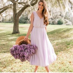 Gal Meets Glam Hilary clip dot chiffon midi dress in lilac bud lavender